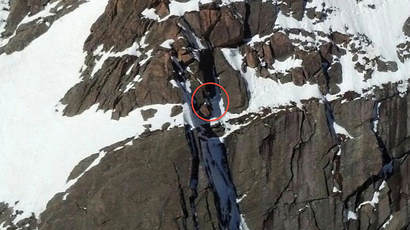     This is where hiker Samuel Frappier is stranded on the east face of Longs Peak on Wednesday, May 28, 2014. (Credit: Rocky Mountain National Park)