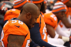 Von Miller reacts on the sideline during the Denver Broncos 24-13 loss to the Indianapolis Colts on Jan. 11, 2014. (Photo: Noah Skinner/KDVR)