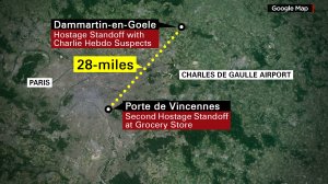 Terror gripped Paris, France Friday, Jan. 9, 2015 as two hostage situations developed. One, in Dammartin-en-Goele, focused on the brothers wanted in connection to the Charlie Hebdo massacre. The other had armed police surrounding a grocery in Porte de Vincennes, a neighborhood in eastern Paris. Inside, one of two people believed to be connected to a fatal police shooting on Thursday.