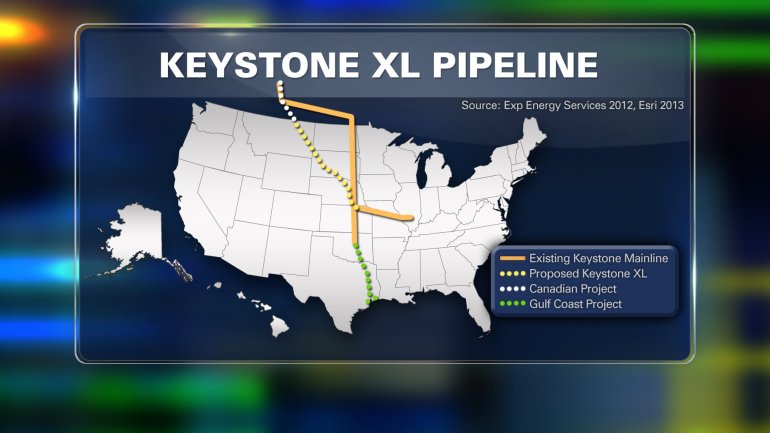 This map depicts the proposed locations of the Keystone XL Pipeline.