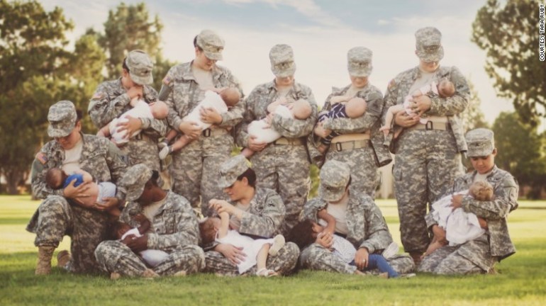 Active duty soldiers from Fort Bliss in Texas posed for this photo breastfeeding their children. 