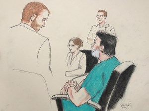 A courtroom sketch of Robert Dear Jr., in green, appearing in an El Paso County Court to hear charges against him in connection with a Nov. 27, 2015 shooting at a Colorado Springs Planned Parenthood. (Photo: El Paso County District Court)