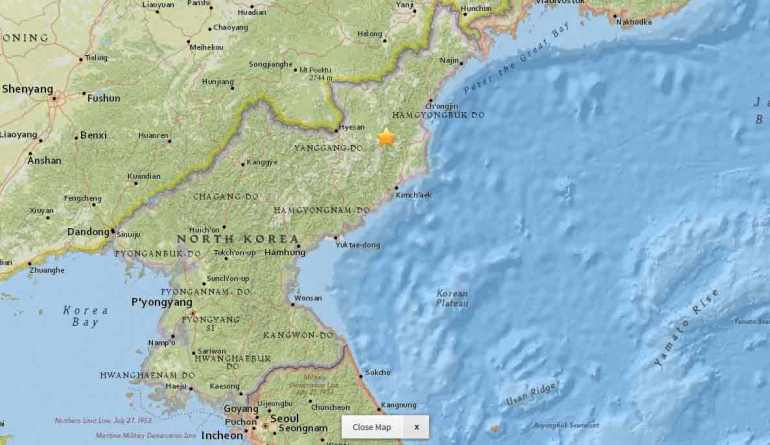 Star shows location of seismic event in North Korea. Jan. 5, 2016