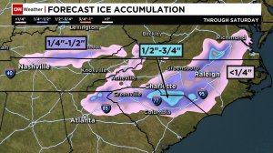 Ice accumulation is a major concern in two chunks of the south: an area covering parts of Arkansas, Tennessee and Kentucky, and one including northeast Georgia, the Carolinas and parts of Virginia. Up to 1 inch of ice accumulation is possible from northeast Georgia into the Carolinas. That's potentially terrible news for drivers, and the weight of the ice can snap power lines or bring down trees that will do the same.