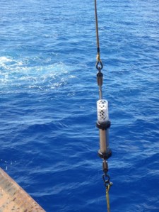 Hydrophone being lowered into the Challenger Deep trough in the Mariana Trench in 2015. (NOAA)