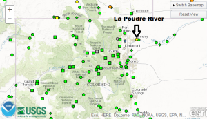 Most flood guages are well below flood stage (green dots) A few in Wyoming and one in Colorado are high (yellow and orange dots). La Poudre River near flood stage 5/18 from a day of light rain combining with runoff from melting high country snow. 