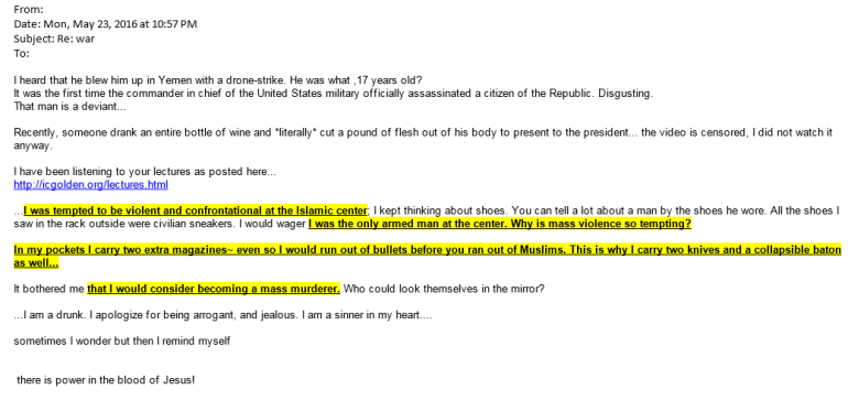 A threatening email sent to the Islamic Center of Golden.