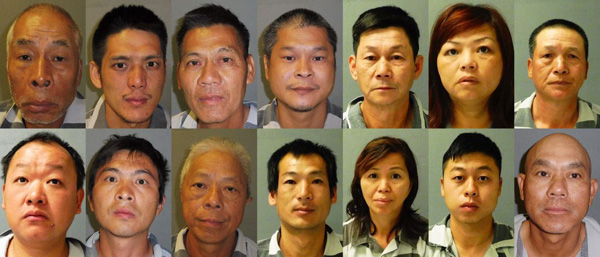 From top left, Duong Dip Chiem, David Luong and Long Luong face preliminary charges of manufacture of more than 50 pounds of marijuana or more than 25 pounds of concentrate; Sanh Kum Luong, Gin Loon Chan, Xui Fang Chen, Yen Xui Hut, Shang Jian Xue, Ma Jianxun, Chi Hung Phung, Xue Shugong, Guoying Tang, Xin Tao and Malvin Ung, each charged with sale of more than 2.5 pounds of marijuana or 1 pound of concentrate. (Photos: Garfield County Sheriff's Office via the Glenwood Springs Post Independent)