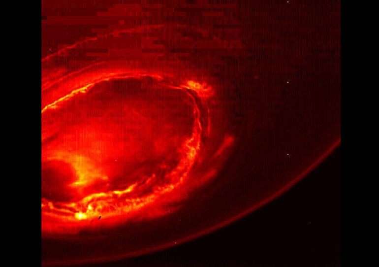 This infrared image gives an unprecedented view of the southern aurora of Jupiter, as captured by NASA's Juno spacecraft on August 27, 2016.