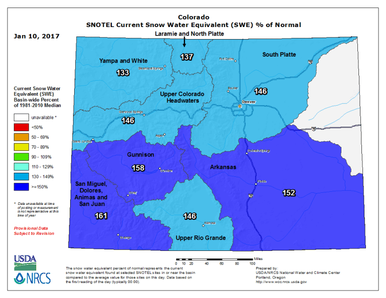 Snowpack Update Map. Statewide average is 147 percent of normal.