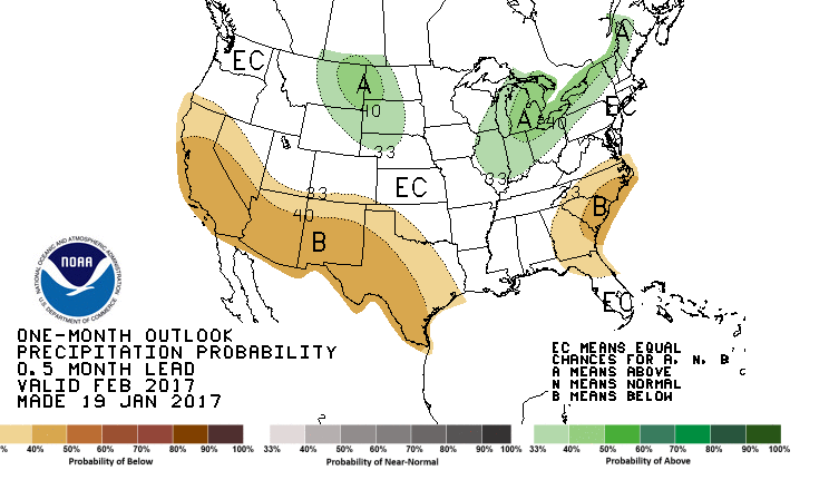 CPC one month forecast. Areas in green represent locations where above average precipitation is forecast. Areas shaded brown are those included in the below average forecast.