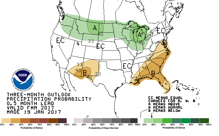 CPC three month forecast. Areas in green represent locations where above average precipitation is forecast. Areas shaded brown are those included in the below average forecast.