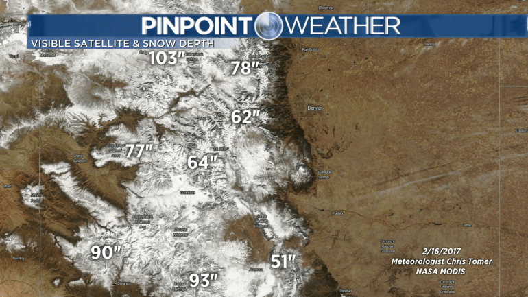 Snow-covered mountains and snow depths in inches. White is snow, brown is bare ground. (Meteorologist Chris Tomer)