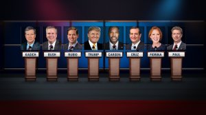 The candidates at the November 10 debate will appear on stage in accordance with their standing in the polls. Donald Trump, the frontrunner, will appear at center stage, flanked by Dr. Ben Carson, the runner-up, and Florida Senator Marco Rubio, in third. From there, the ranking of the candidates is as follows: 4. Texas Senator Ted Cruz. 5. former Florida governor Jeb Bush. 6. Carly Fiorina. 7. Ohio Governor John Kasich. 8. Kentucky Senator Rand Paul. (CNN)