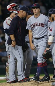 CHICAGO, IL - SEPTEMBER 13: Starting pitcher Trevor Bauer #47 of the Cleveland Indians is removed from the game against the Chicago White Sox in the 6th inning by manager Terry Francona #17 after giving up three run at U.S. Cellular Field on September 13, 2016 in Chicago, Illinois. (Photo by Jonathan Daniel/Getty Images)