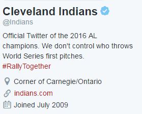 Cleveland Indians Twitter bio on Oct. 25, 2016.