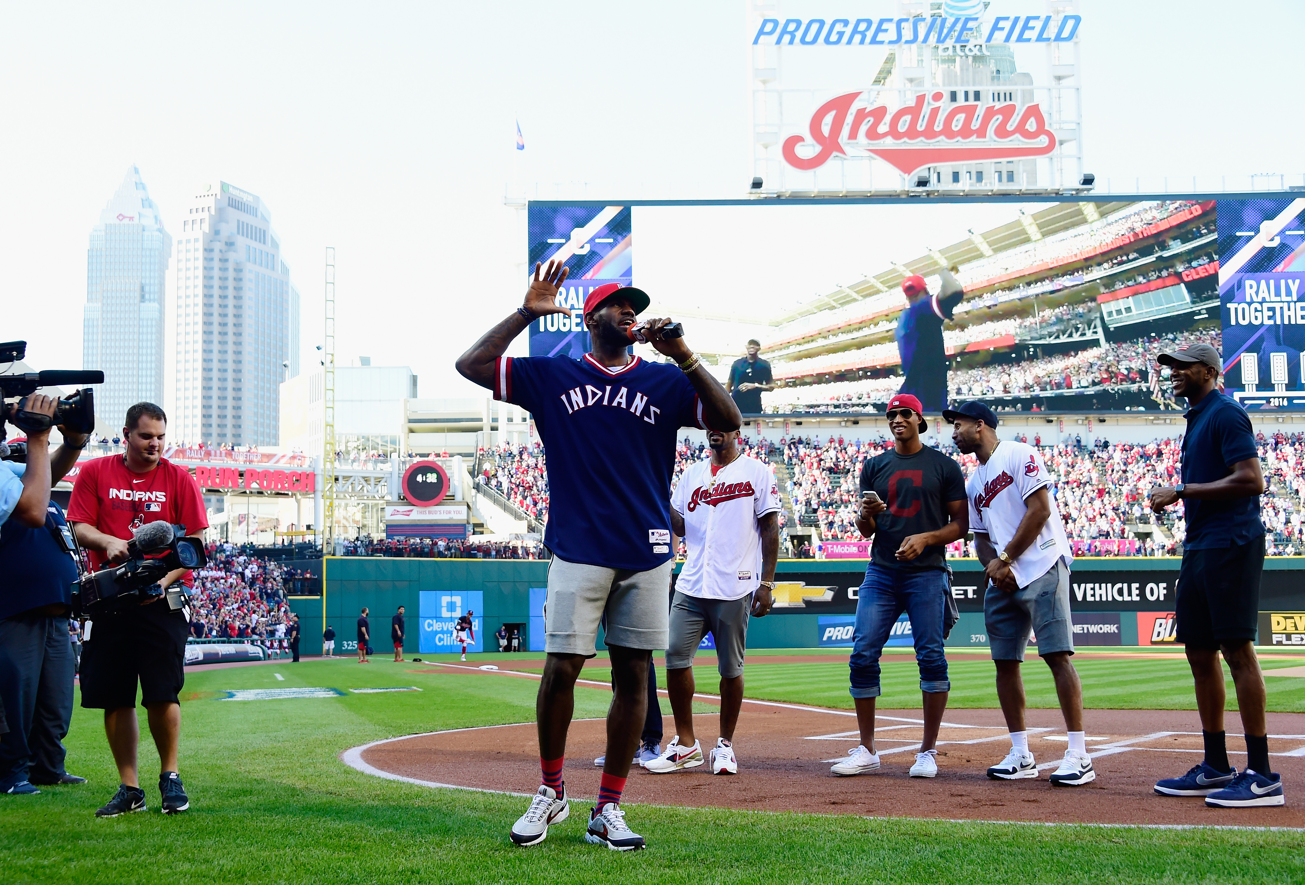 LeBron James #23 of the Cleveland Cavaliers addresses the crowd prior to game two of the American League Divison Series between the Boston Red Sox and the Cleveland Indians at Progressive Field on October 7, 2016 in Cleveland, Ohio. (Photo by Jason Miller/Getty Images)