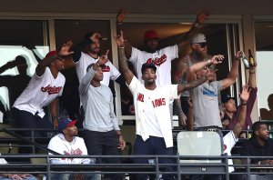National Basketball Association Cleveland Cavaliers attend game two of the American League Championship Series between the Toronto Blue Jays and the Cleveland Indians at Progressive Field on October 15, 2016 in Cleveland, Ohio. (Photo by Elsa/Getty Images)