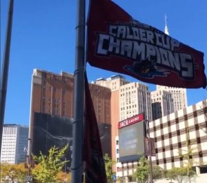 Calder Cup banner flying outside of The Q-- courtesy: Cleveland Monsters