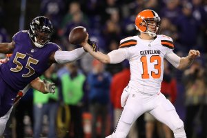 Quarterback Josh McCown #13 of the Cleveland Browns works under pressure from outside linebacker Terrell Suggs #55 of the Baltimore Ravens in the third quarter at M&T Bank Stadium on November 10, 2016 in Baltimore, Maryland. (Photo by Rob Carr/Getty Images)