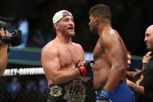 Alistair Overeem shakes the hand of Stipe Miocic during the UFC 203 event at Quicken Loans Arena on September 10, 2016 in Cleveland, Ohio. (Photo by Rey Del Rio/Getty Images)