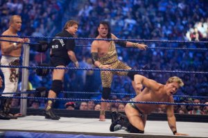 HOUSTON, TX - APRIL 5: (L-R) Former professional wrestlers Ricky "The Dragon" Steamboat and "Rowdy Roddy Piper look on as Jimmy "Superfly" Snuka steps into the ring to battle WWE Superstar Chris Jericho during WrestleMania 25 at Reliant Stadium on April 5, 2009 in Houston, Texas. (Photo by Bill Olive/Getty Images)