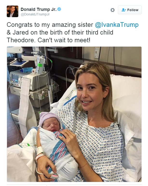 Ivanka Trump announced via Twitter the birth of her third child on March 27, 2016. Her brother, Donald Trump Jr., tweeted congratulations, along with photo of Ivanka with the newborn. (Courtesy: Twitter/@DonaldJTrumpJr via CNN)