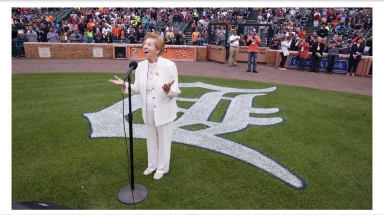 89-year-old Holocaust survivor Hermina Hirsch performs at a Detroit Tigers game. (Photo courtesy: Andrea Hirsch)