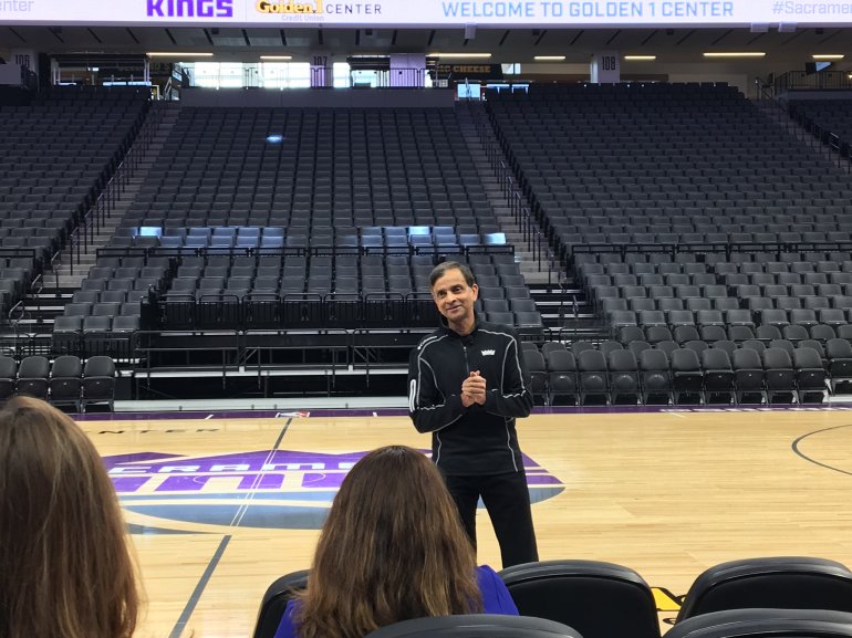 Vivek Ranadive addresses reporters at the Golden 1 Center