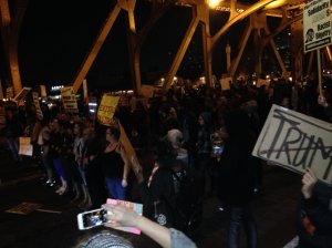 Aint-Trump protesters gather on the Tower Bridge.