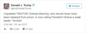 President Donald Trump called Chelsea Manning an "ungrateful TRAITOR" in an early morning tweet Thursday, after the former army private and leaker wrote an op-ed criticizing the former president's administration.