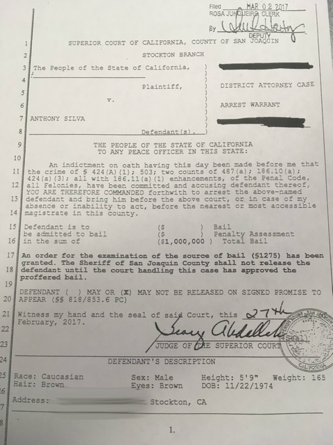 FOX40 has obtained a copy of Silva's arrest warrant. Click to enlarge.