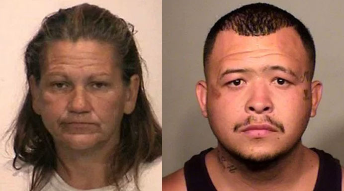 Modesto Police arrested Maria Anzaldua (left) and Raymond Chavez for engaging in sexual acts on a grassy area in a busy intersection. (Photos courtesy: Stanislaus County Sheriff's Department)