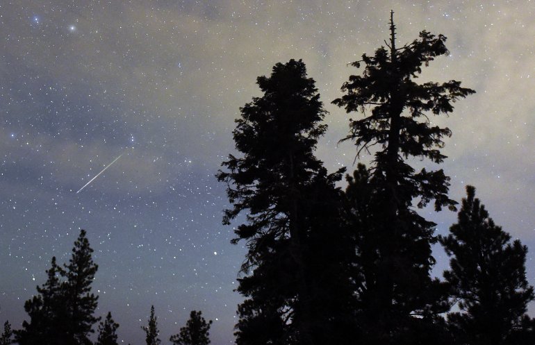 A Perseid meteor streaks across the sky above desert pine trees on August 13, 2015 in the Spring Mountains National Recreation Area, Nevada. The annual display, known as the Perseid shower because the meteors appear to radiate from the constellation Perseus in the northeastern sky, is a result of Earth's orbit passing through debris from the comet Swift-Tuttle. (Photo by Ethan Miller/Getty Images)