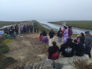 Several dozen people from the Kumeyaay Nation gathered near Naval Amphibious Base in Coronado to protest the Navy's construction of a new SEAL training center on 'sacred burial ground.'