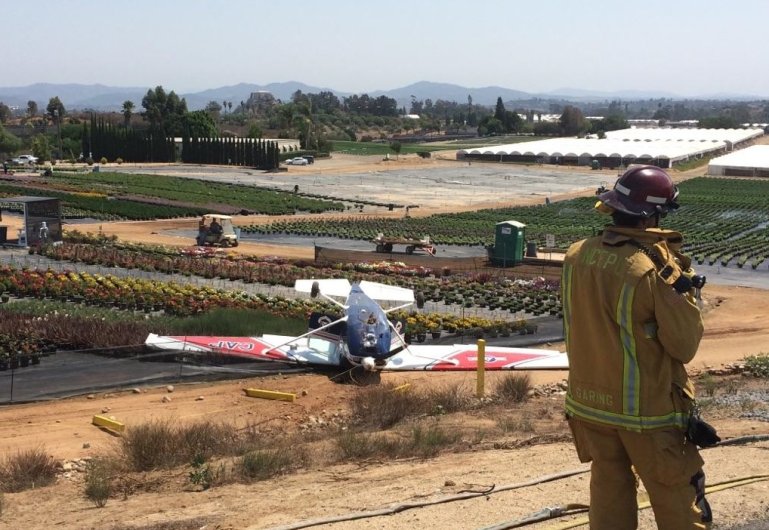 A plane landed upside down after crashing at the airport in Fallbrook. (Photo: North County Fire Dept. Richard Berry)