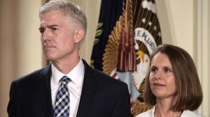 Judge Neil Gorsuch (L) and his wife Marie Louise look on, after US President Donald Trump nominated him for the Supreme Court, at the White House in Washington, DC, on January 31, 2017. (Getty Images)