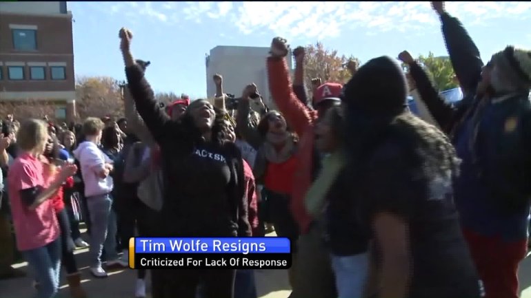 Mizzou campus- students cheer when they hear Wolfe resigned.