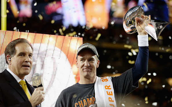 SANTA CLARA, CA - FEBRUARY 07: Quarterback Peyton Manning #18 of the Denver Broncos holds the Vince Lombardi Trophy after winning Super Bowl 50 against the Carolina Panthers at Levi's Stadium on February 7, 2016 in Santa Clara, California. (Photo by Patrick Smith/Getty Images)