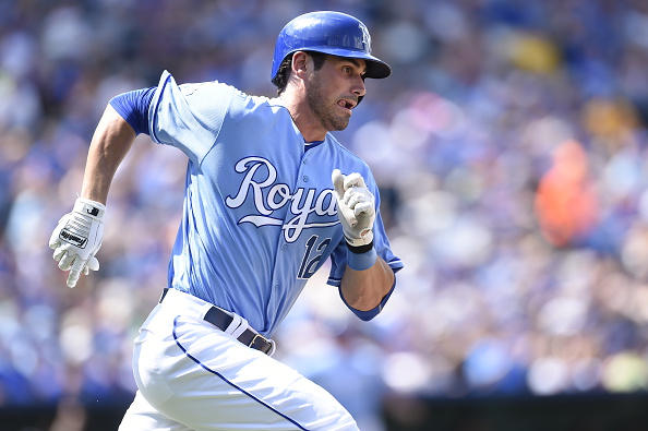 KANSAS CITY, MO - JULY 9: Brett Eibner #12 of the Kansas City Royals runs to first base after hitting the ball in the game against the Seattle Mariners on July 9, 2016 at Kauffman Stadium in Kansas City, Missouri. The Kansas City Royals defeated the Seattle Mariners 5-3. (Photo by John Williamson/MLB Photos via Getty Images)