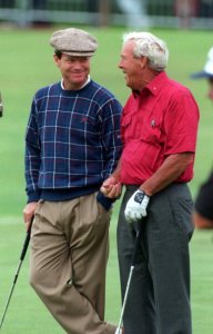 18 JUL 1995: TOM WATSON OF THE USA AND COUNTRYMAN ARNOLD PALMER SHARE A JOKE ON THE 18TH GREEN DURING THE PRACTICE ROUND OF THE 1995 OPEN GOLF CHAMPIONSHIPS ON THE OLD COURSE AT ST. ANDREWS, FIFE, SCOTLAND. Mandatory Credit: Anton Want/ALLSPORT