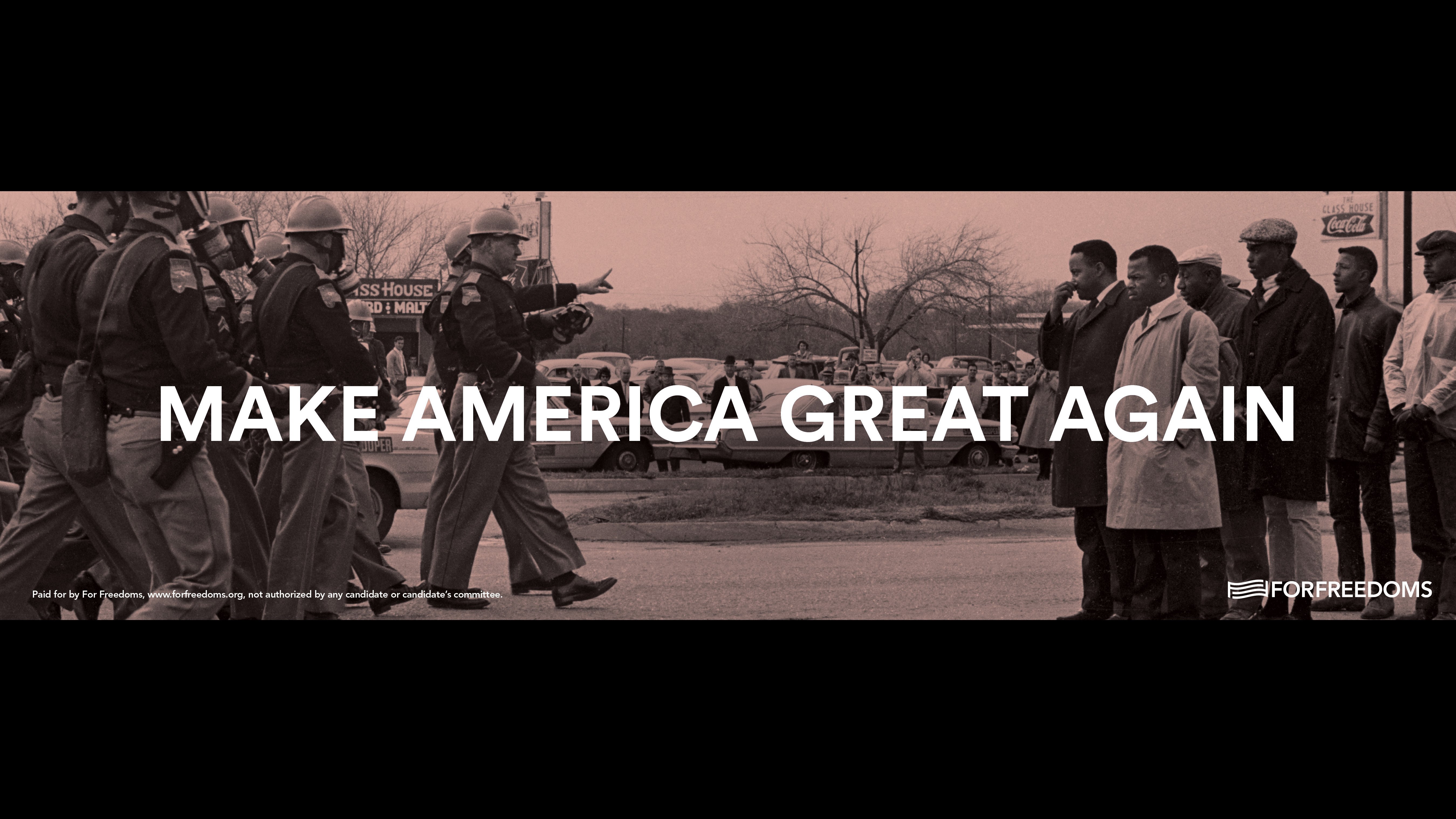 A provocative roadside billboard in Mississippi that mixes art and politics has united onlookers in anger and confusion. The sign on Highway 80 outside Pearl features President-elect Donald Trump's campaign slogan, "Make America Great Again," superimposed on a well-known Civil Rights-era image by photographer Spider Martin.
