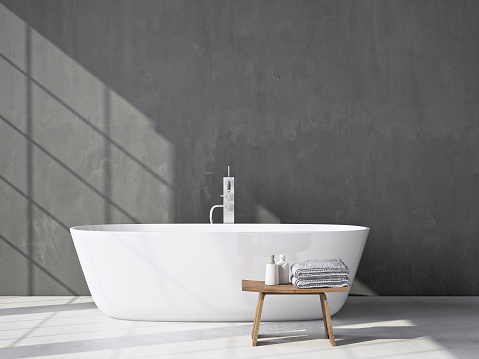 Modern grey bathroom with bathtub. 3d rendering