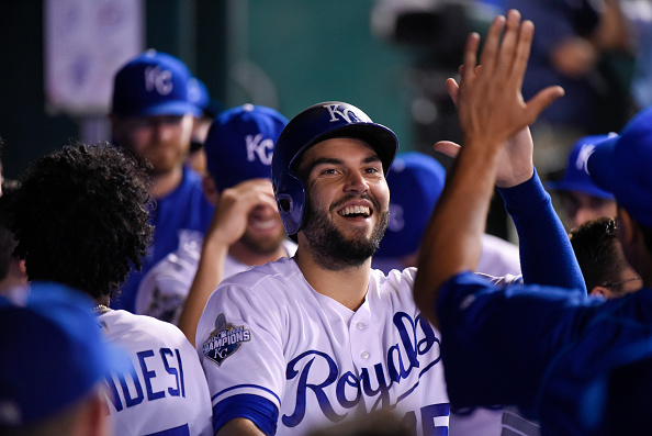 KANSAS CITY, MO - AUGUST 18: Eric Hosmer #35 of the Kansas City Royals celebrates after scoring against the Minnesota Twins at Kauffman Stadium on August 18, 2016 in Kansas City, Missouri. (Photo by Ed Zurga/Getty Images)