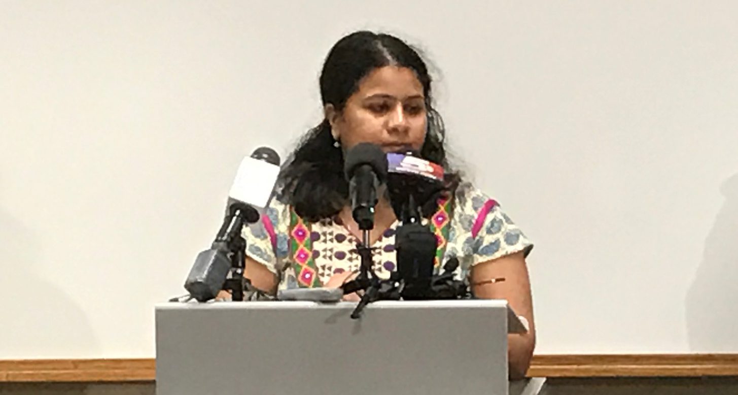Sriniva Kuchibhotla's wife, Sunayana Dumala, spoke about her husband during a news conference at Garmin Friday.