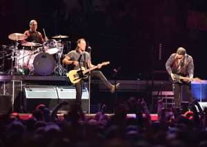 DENVER, COLORADO - MARCH 31: Musicians Max Weinberg, Bruce Springsteen and Stevie Van Zandt perform at Pepsi Center on March 31, 2016 in Denver, Colorado. (Photo by Allison Farden/Getty Images)
