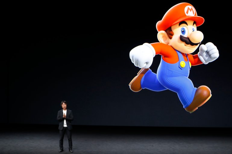 Shigeru Miyamoto, creative fellow at Nintendo and creator of Super Mario, speaks on stage during an Apple launch event on Sept. 7, 2016, in San Francisco. (Photo by Stephen Lam/Getty Images)