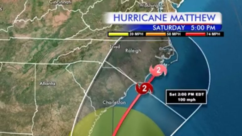 Projected path of Hurricane Matthew as of Tuesday at 5 p.m. (WGHP)