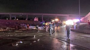 Cars on the side of I-30 following a tornado that tore through Garland on Dec. 26, 2015. Photo: CBS Dallas-Fort Worth