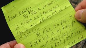 The note Myles Eckert wrote to a soldier he didn't know, with $20 enclosed.